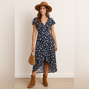 Juicy Couture Small Dark Floral Faux Wrap Midi Dress Boho Chic Romantic Ruffle